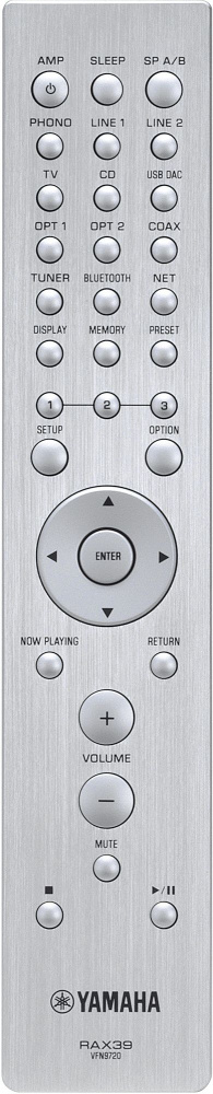 Fjärrkontroll för Yamaha R-N2000A med knappar för olika funktioner.
