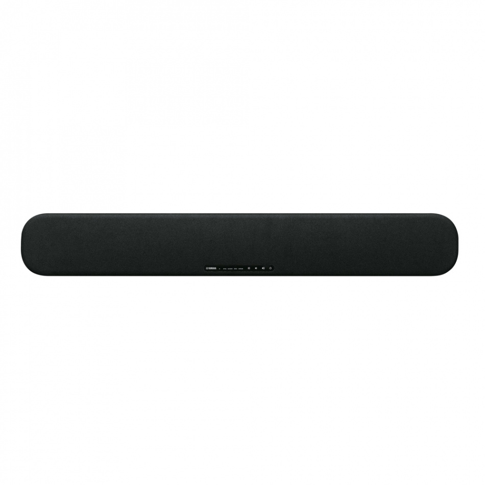 En svart soundbar med en avlång design och flera knappar på framsidan.