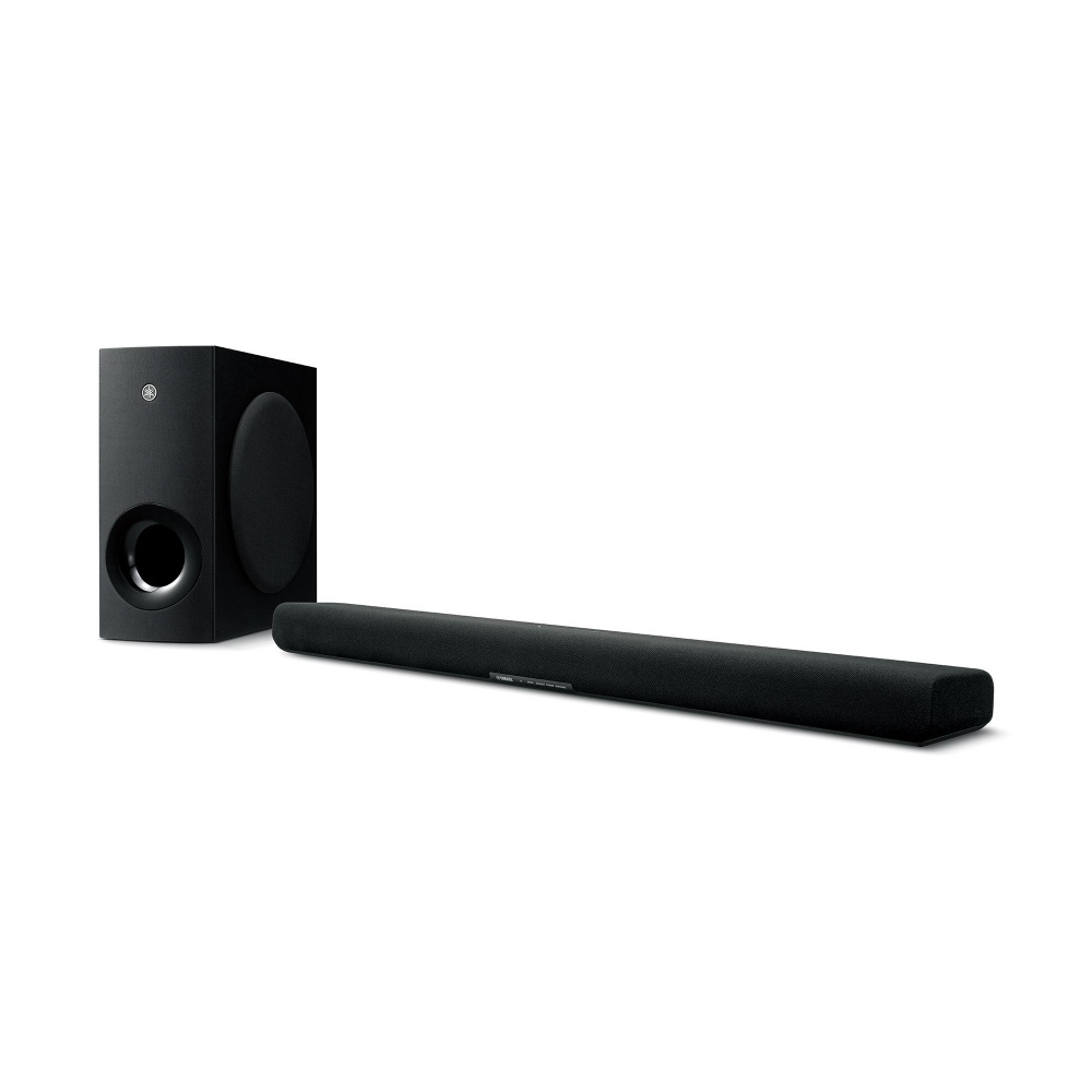En svart soundbar med trådlös subwoofer från Yamaha.