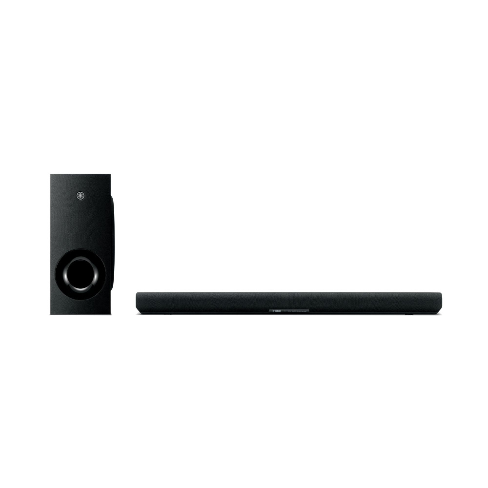 Svart soundbar med trådlös subwoofer, designad för Dolby Atmos-ljud.