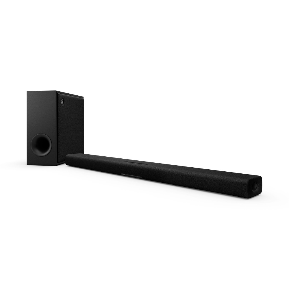 Svart soundbar med trådlös subwoofer, designad för Dolby Atmos-ljud.