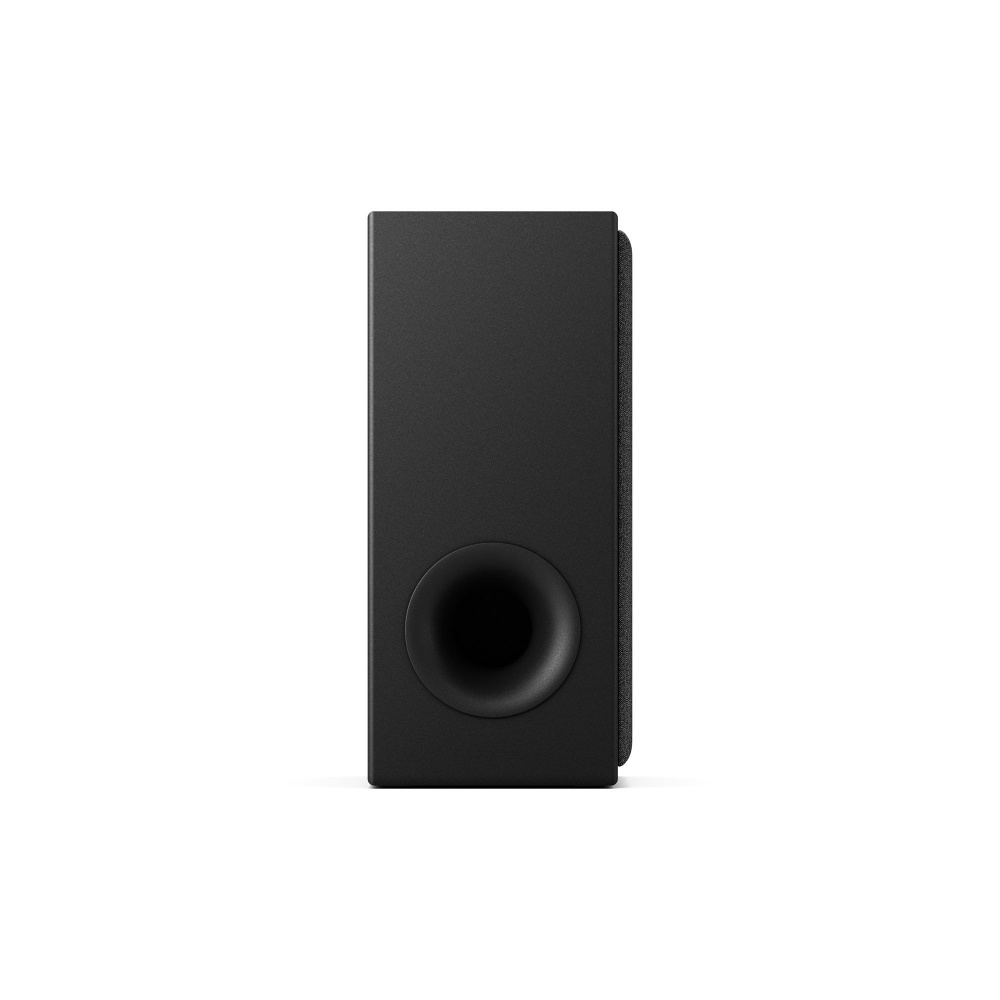 Trådlös subwoofer i grafitgrå med kompakt design och rund basport.