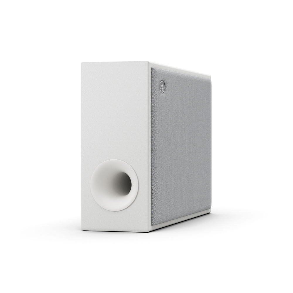 Trådlös subwoofer med ljusgrå finish och rund basport.