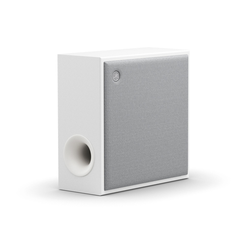 Trådlös subwoofer i ljusgrå färg med en slät yta och basport.