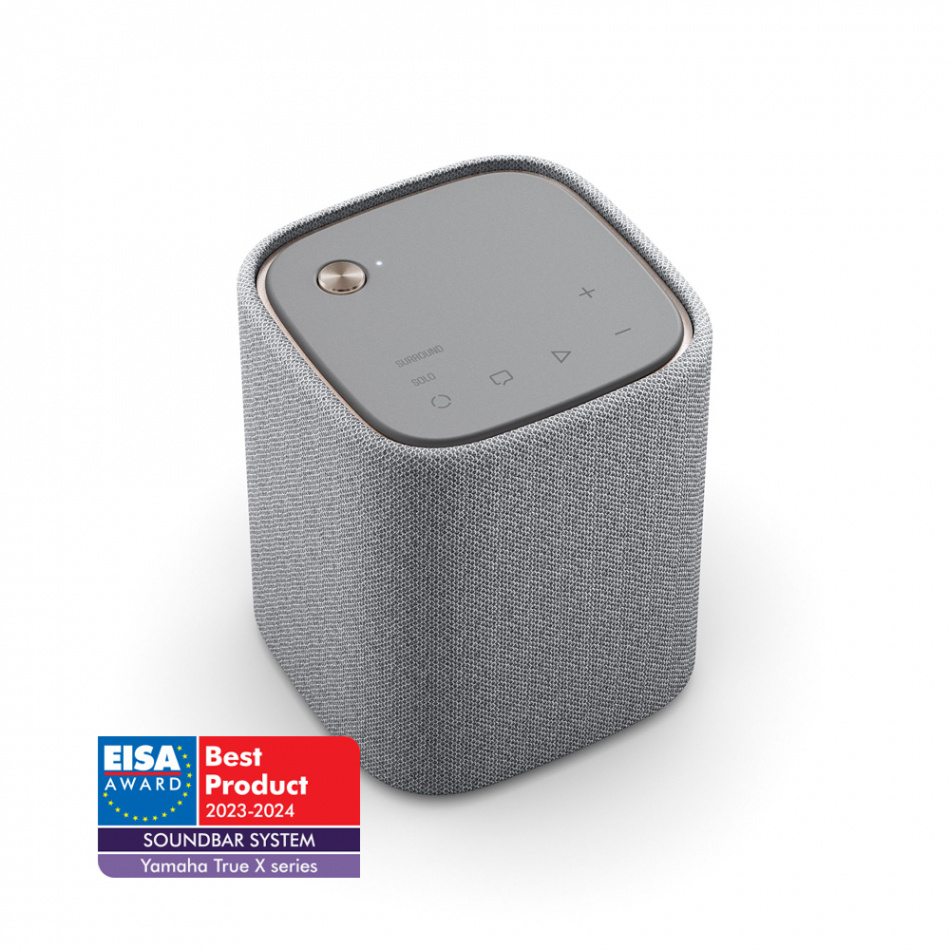 Trådlös, ljusgrå högtalare med kontroller ovanpå. EISA-prisad produkt.