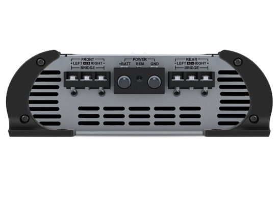 En svart och silverfärgad ljudförstärkare med anslutningar.