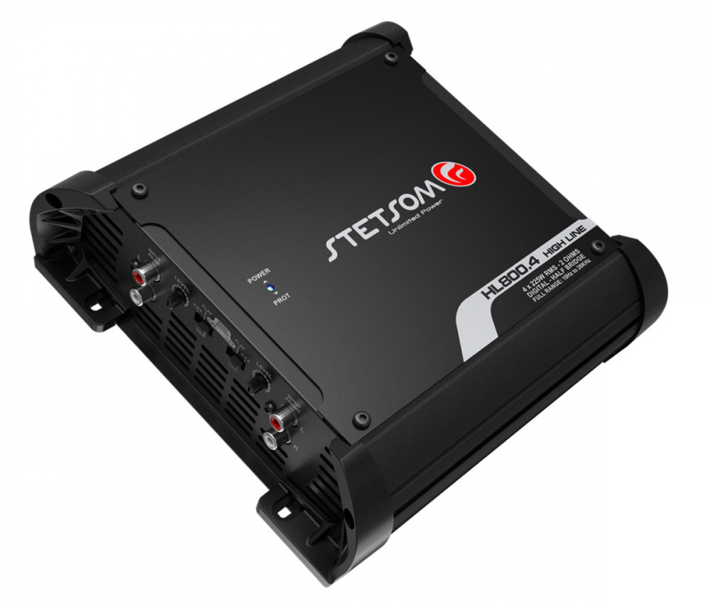 En bilförstärkare med svart design och olika anslutningar.