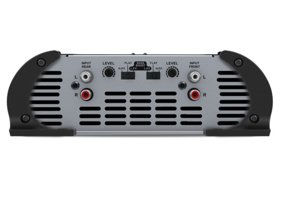 Baksidan av en förstärkare med ingångar och kontroller för nivå och filter.