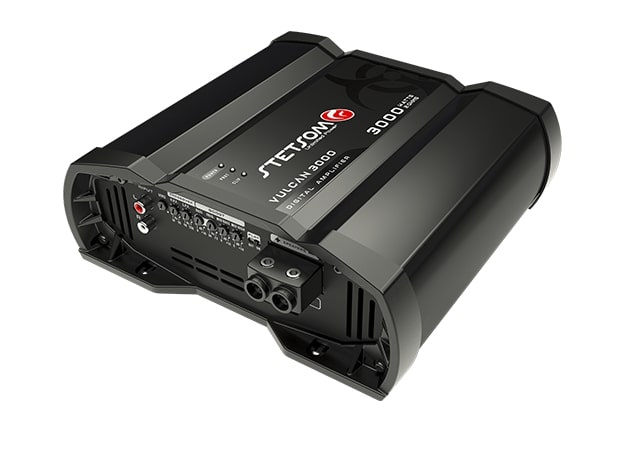 Monoblock förstärkare med 3000W RMS effekt, designad för bilstereosystem.