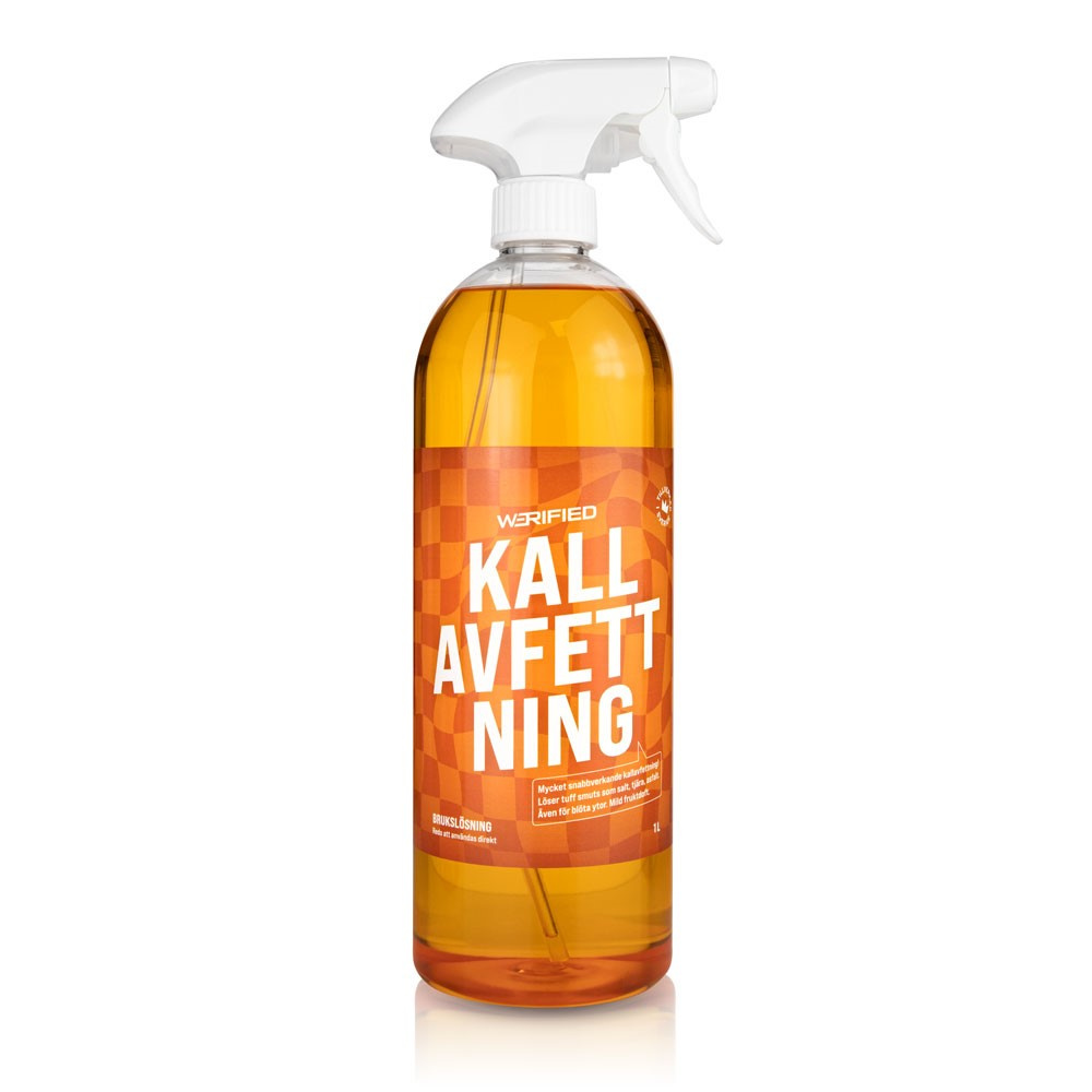 Flaska med kallavfettning, orange vätska, spraytop. 1 liter.