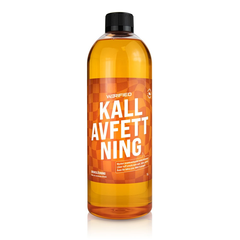 En flaska med Werified Kallavfettning, 1 liter, orange vätska.