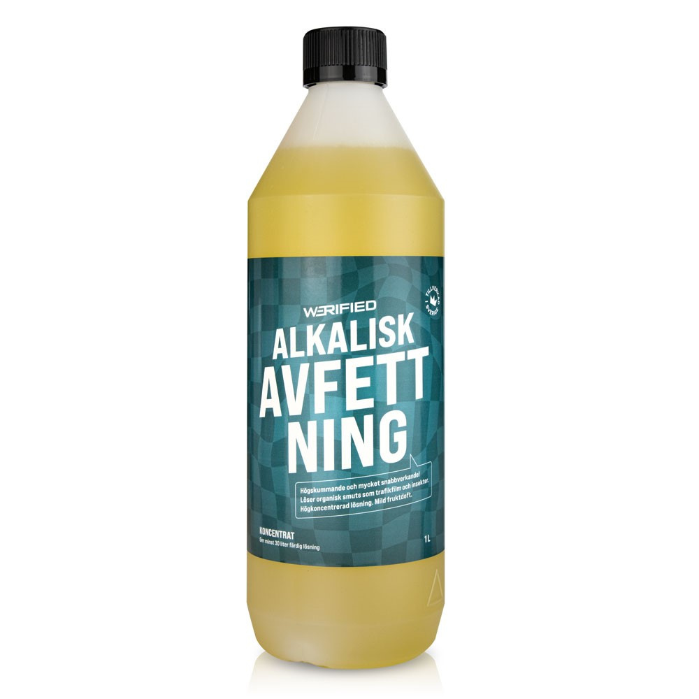 Flaska med en liter alkaliskt avfettningsmedel från Werified.