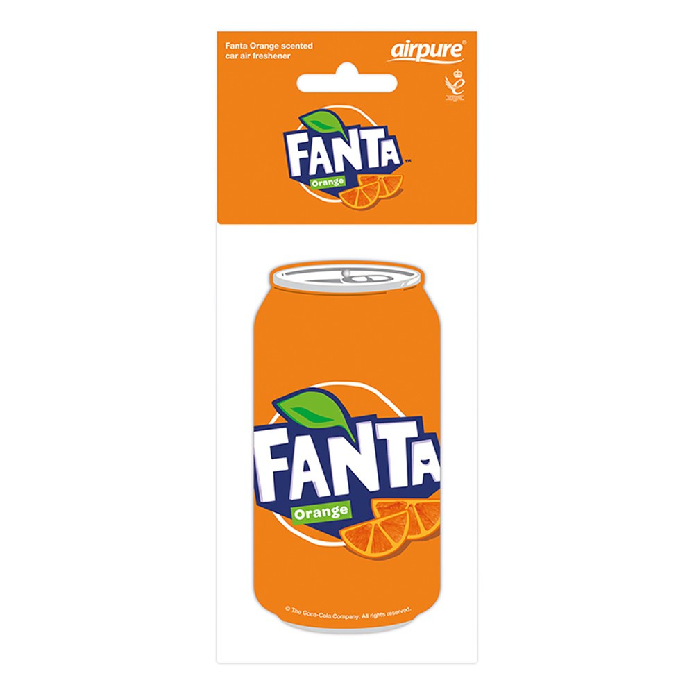 Doftgran med design av en Fanta-apelsindosa, i orange färg.