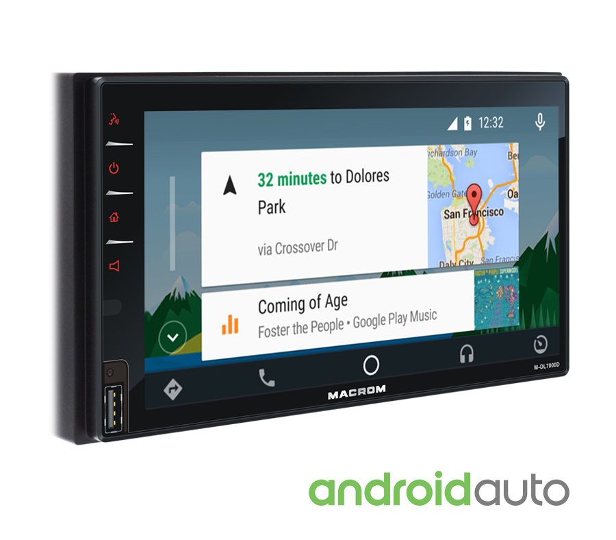 Bilstereo med CarPlay, Android Auto, DAB+ och Bluetooth, visar navigering och musik.