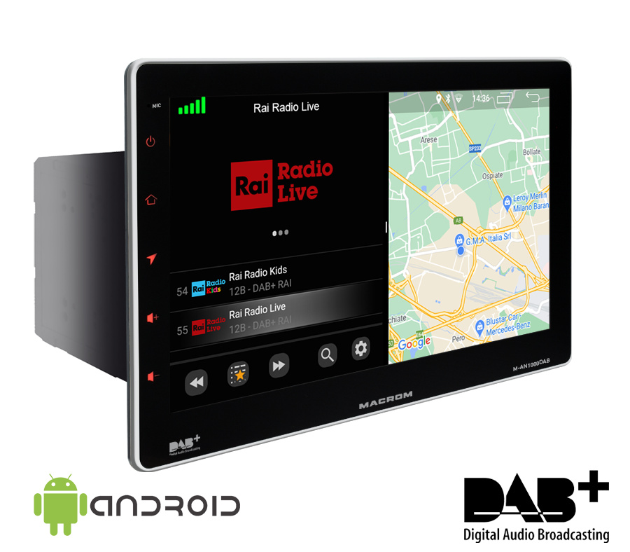 Bilstereo med Android 10, DAB+ radio och GPS-karta på skärmen.