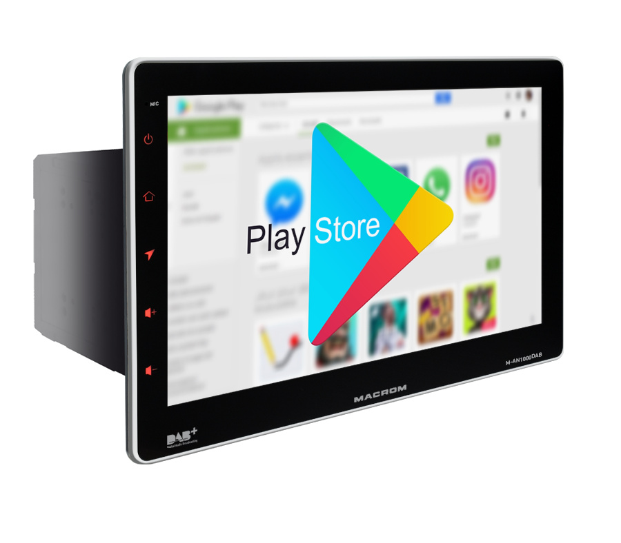 Bilstereo med Android 10, DAB+ och Bluetooth, visar Google Play Store.
