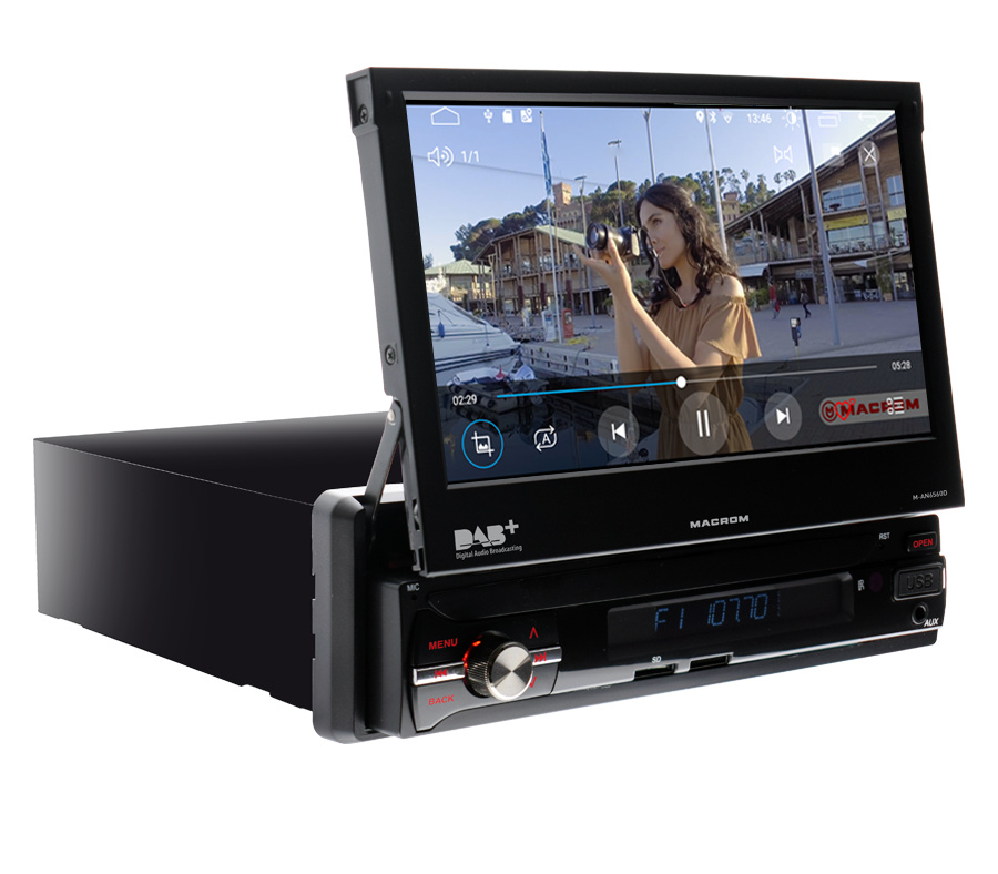 Bilstereo med motoriserad skärm, DAB+, Bluetooth och Android 10-funktioner.