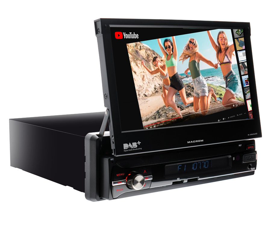 En bilstereo med motoriserad skärm som spelar video från YouTube.