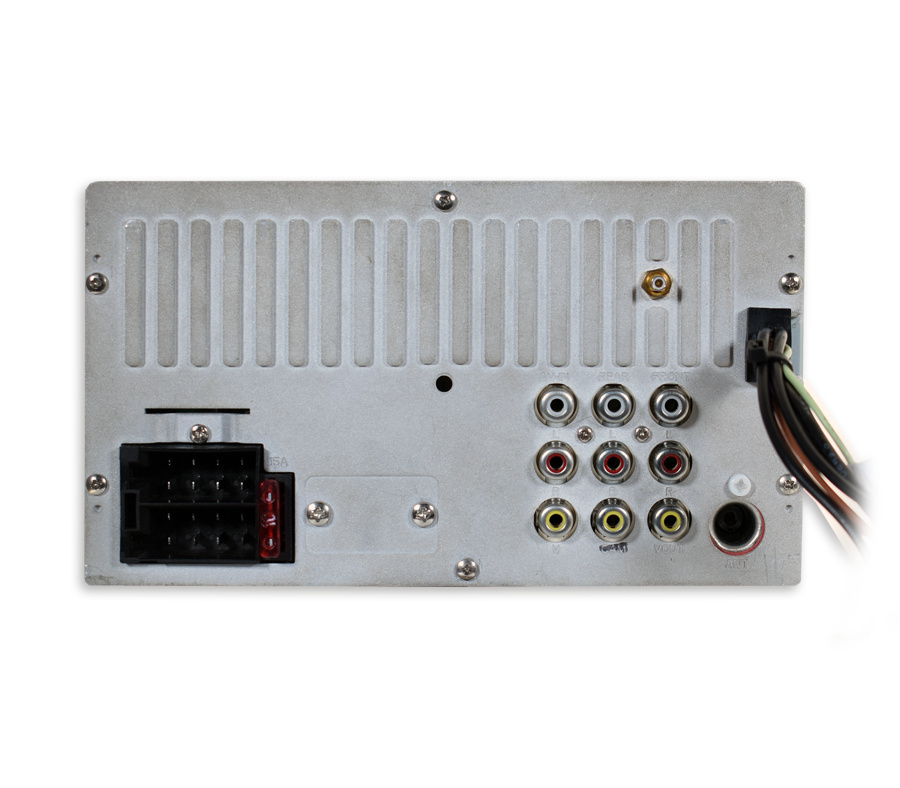 Baksidan av en bilstereo med olika ljud- och ströminngångar.