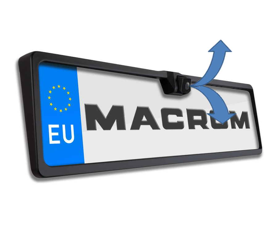 Backkamera integrerad i nummerplåtshållare med EU-symbol och Macrom-logotyp.