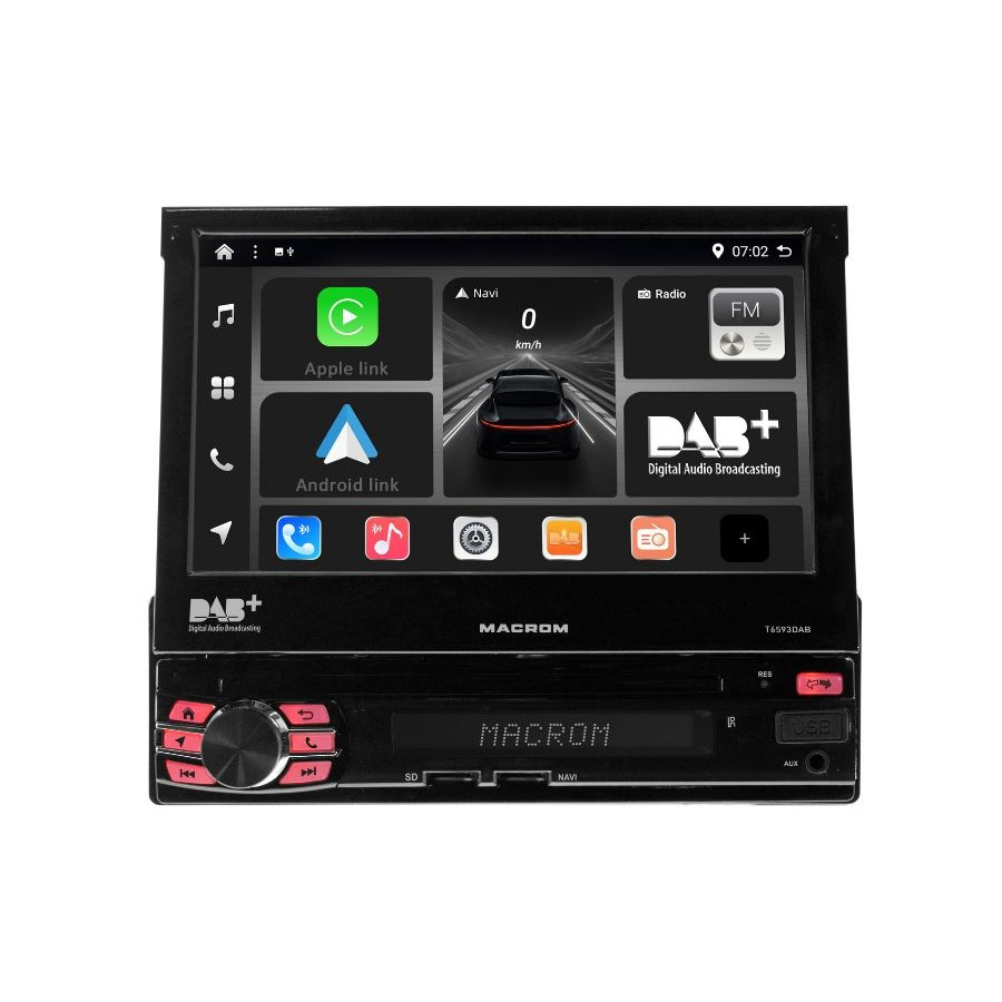 Macrom T6593DAB bilstereo med motoriserad skärm, Android 13 & mer