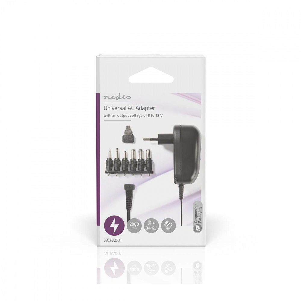Nedis universal nätadapter, 6 st. kontaktstycken, 3-12V DC / 2.0A, returexemplar