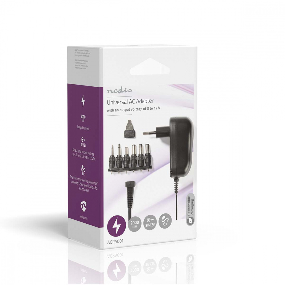 Nedis universal nätadapter, 6 st. kontaktstycken, 3-12V DC / 2.0A, returexemplar