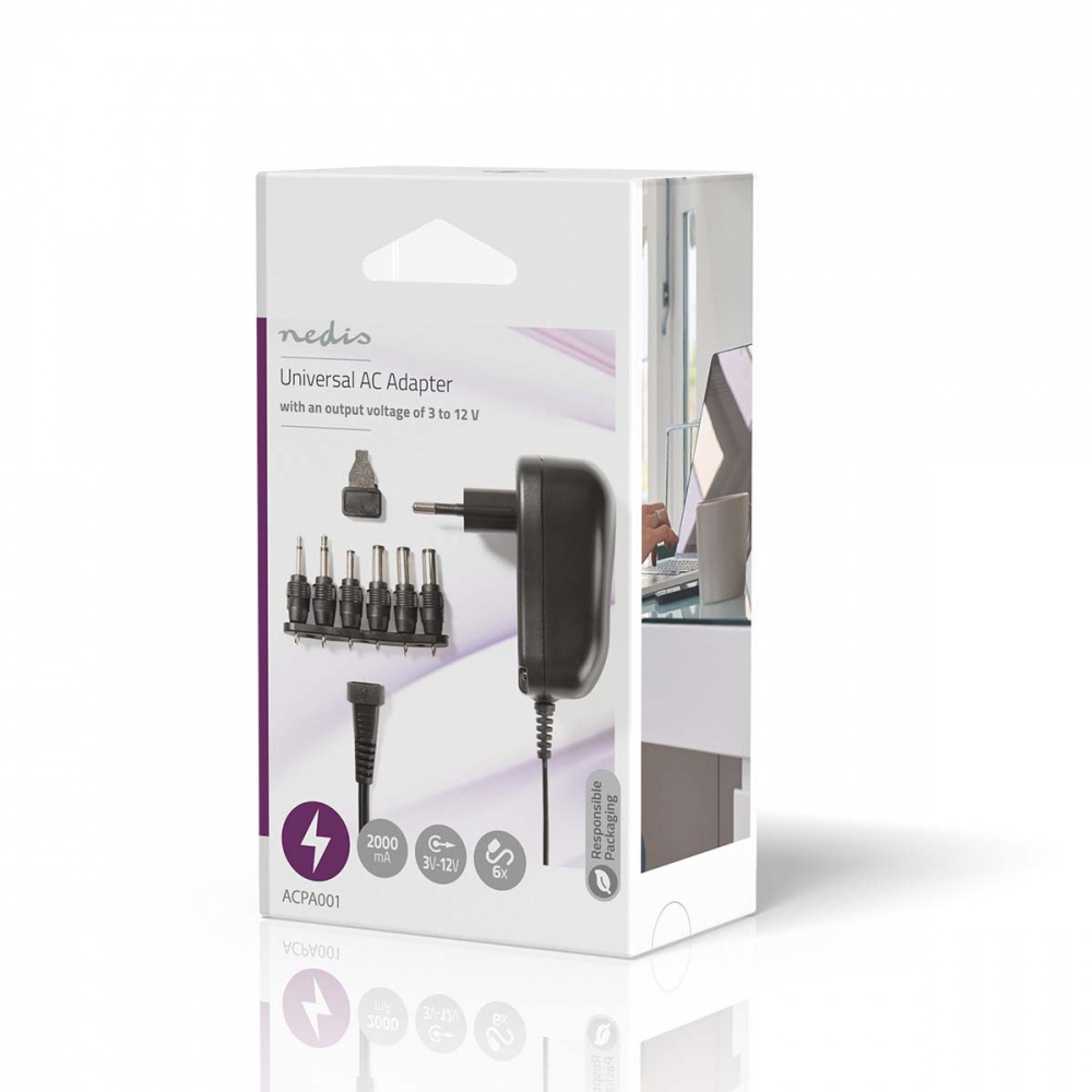 Universell nätadapter med 6 kontaktstycken, 3-12V DC / 2.0A.