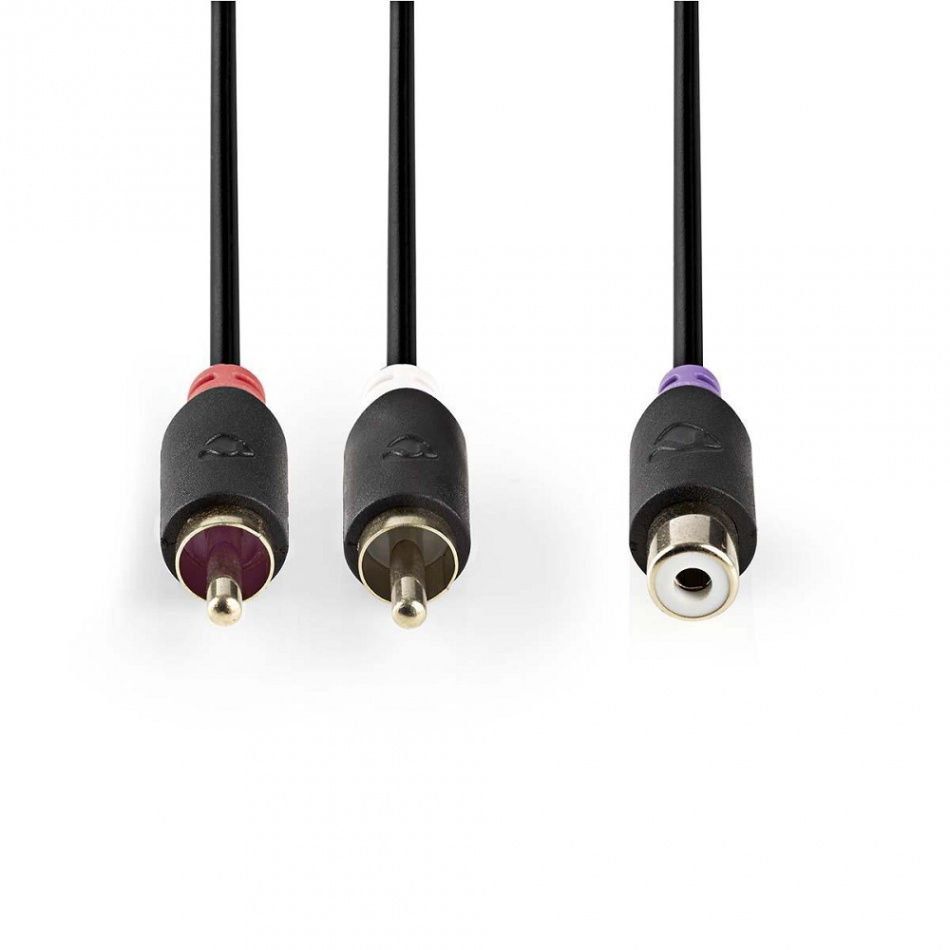 Y-splitt med 2 RCA-hanar och 1 RCA-hona, svart kabel, 0,2 m lång.