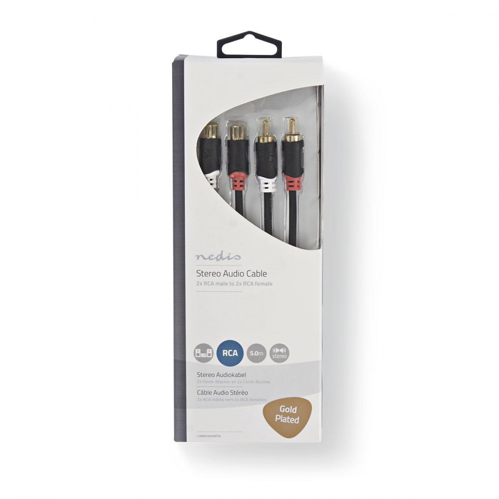 Förpackning av Nedis stereo RCA-kabel, 5 meter, hane-hona, guldpläterade kontakter.