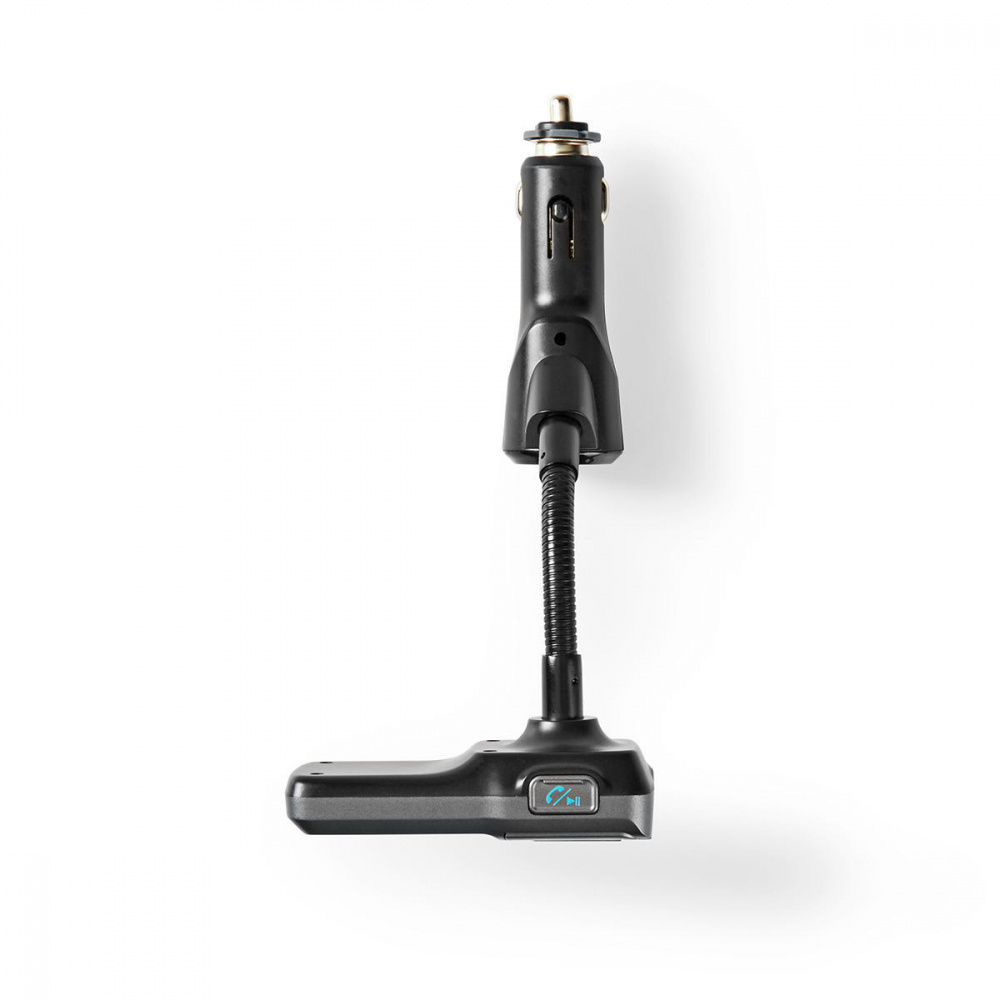 En svart FM-sändare för bil med flexibel arm och anslutning för cigarettuttag.