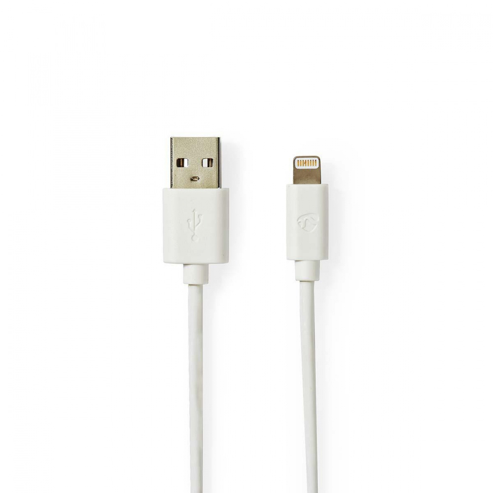USB-A till Lightning-kabel, vit, 8 stift, för laddning och dataöverföring.