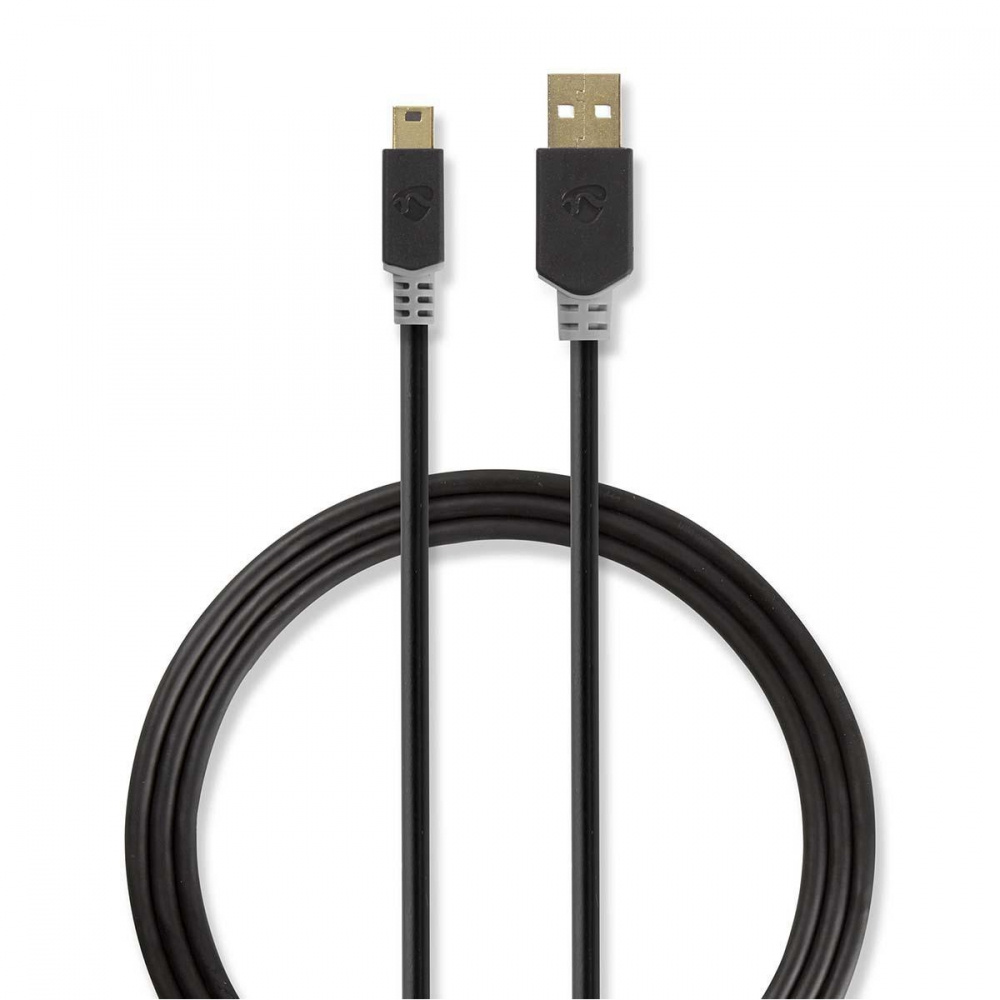 USB 2.0-kabel, USB-A hane till Mini-USB 5-stifts hane, 2 meter lång.