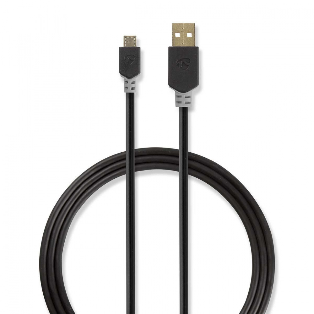 USB 2.0-kabel, USB-A hane till Micro-USB hane, svart färg.