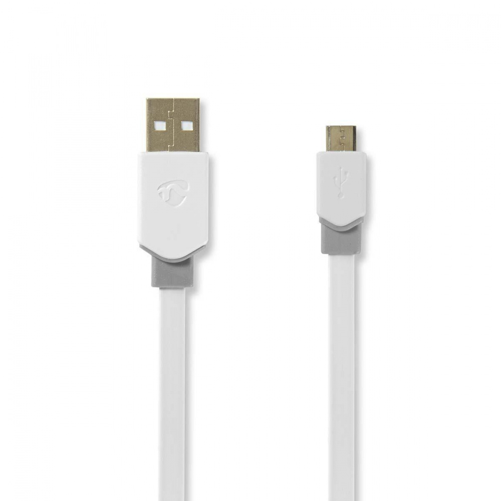 Vit USB-kabel, USB-A hane till Micro-USB hane, 1 meter lång.