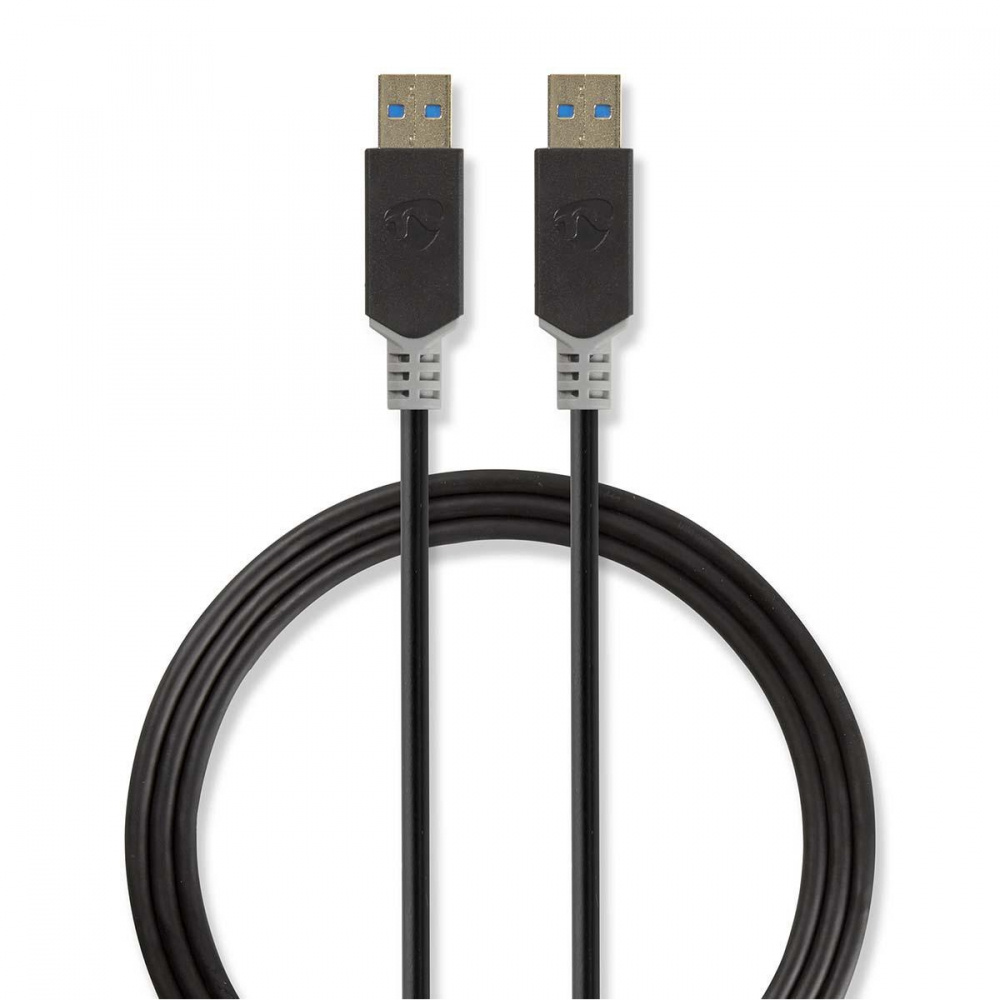 USB 3.0-kabel, A-hane till A-hane, 2 meter lång, svart färg.