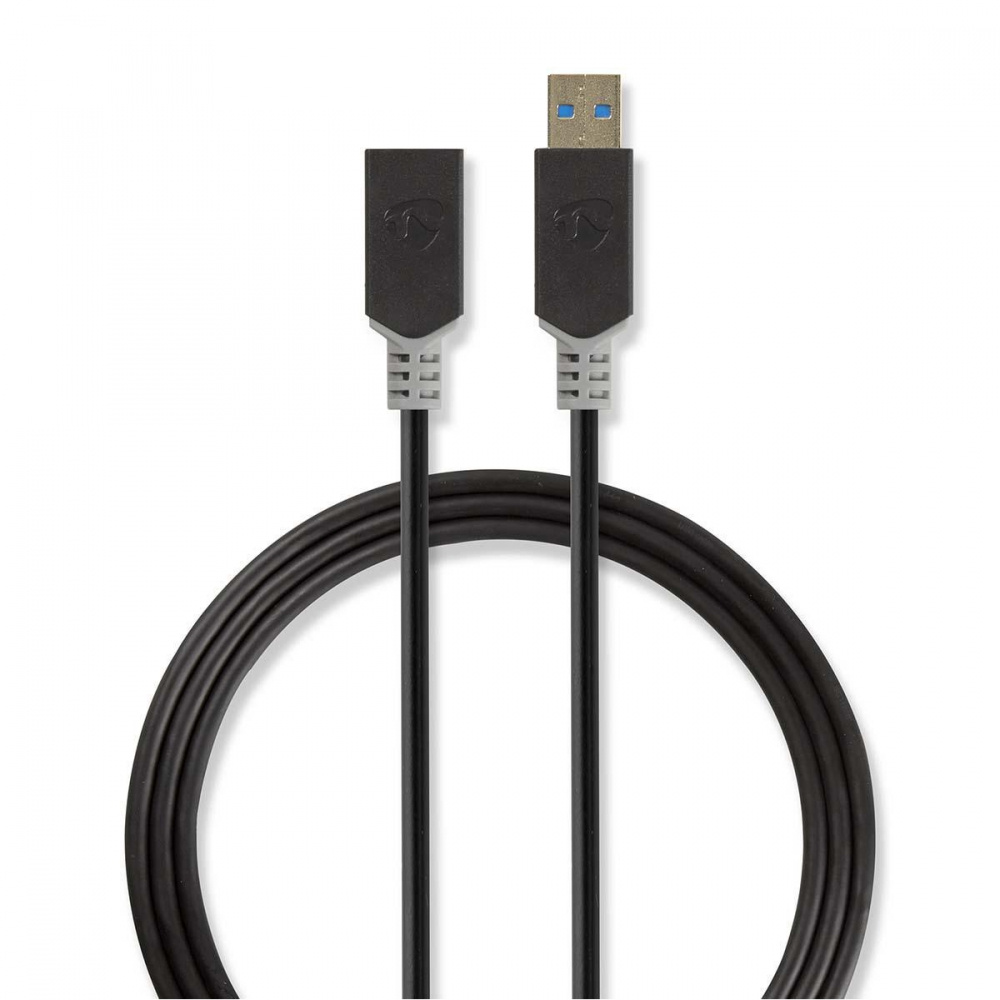 USB 3.0-kabel, USB-A hane till hona, 2 meter lång, svart.