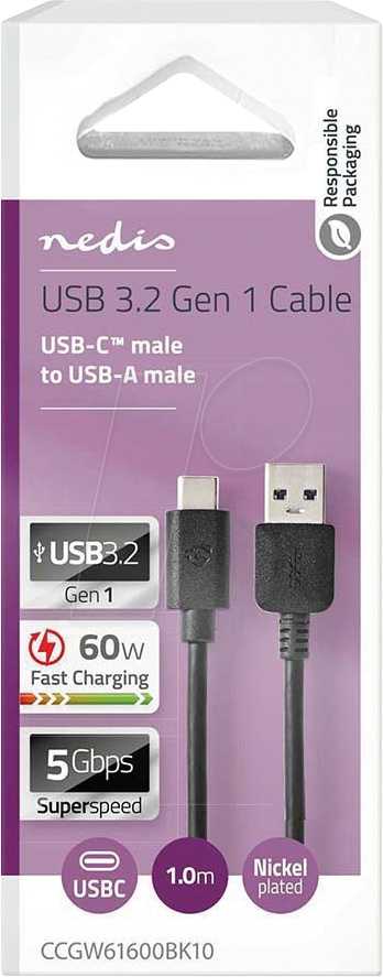 NEDIS CCGW61600BK10 USB-A till USB-C-kabel, svart, 1 meter
