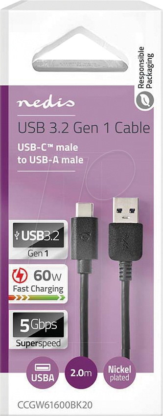 NEDIS CCGW61600BK20 USB-A till USB-C-kabel, svart, 2 meter