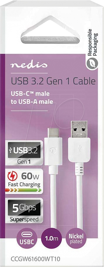 NEDIS CCGW61600WT10 USB-A till USB-C-kabel, vit, 1 meter