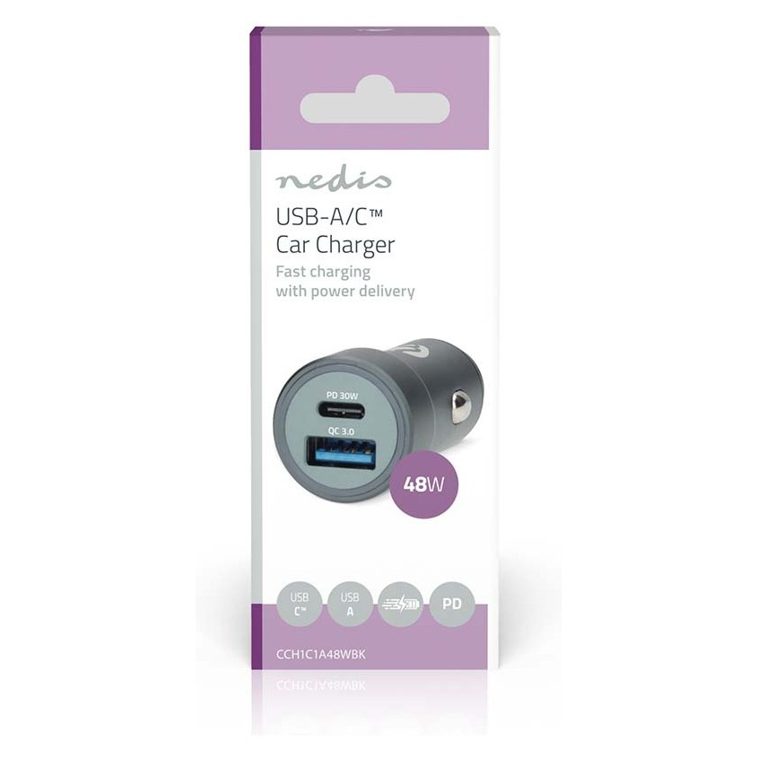 Nedis billaddare 48W med 2 utgångar, USB-C PD och USB-A Quick Charge