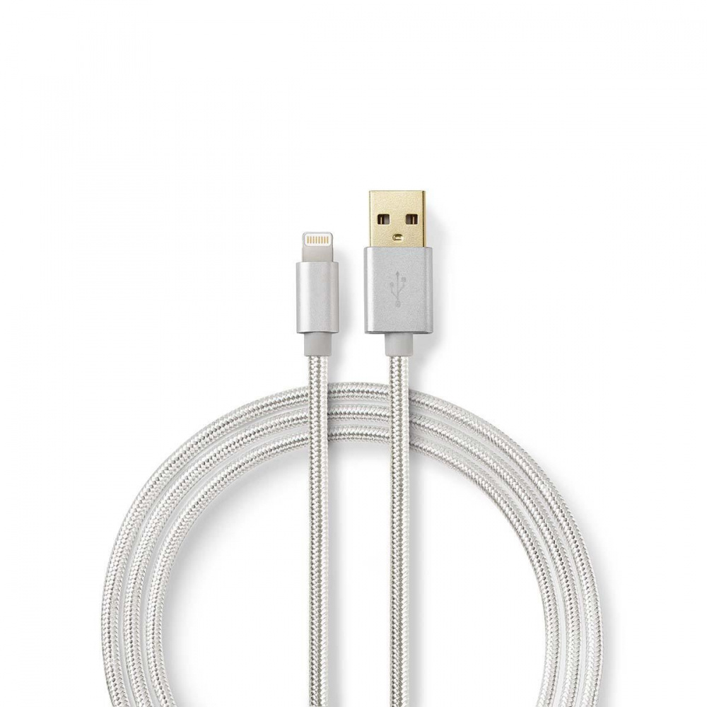 USB-A till Lightning-kabel med flätad silverbeläggning.