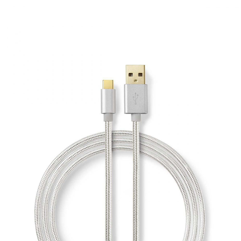 USB-A till USB-C kabel, silverfärgad och flätad design.