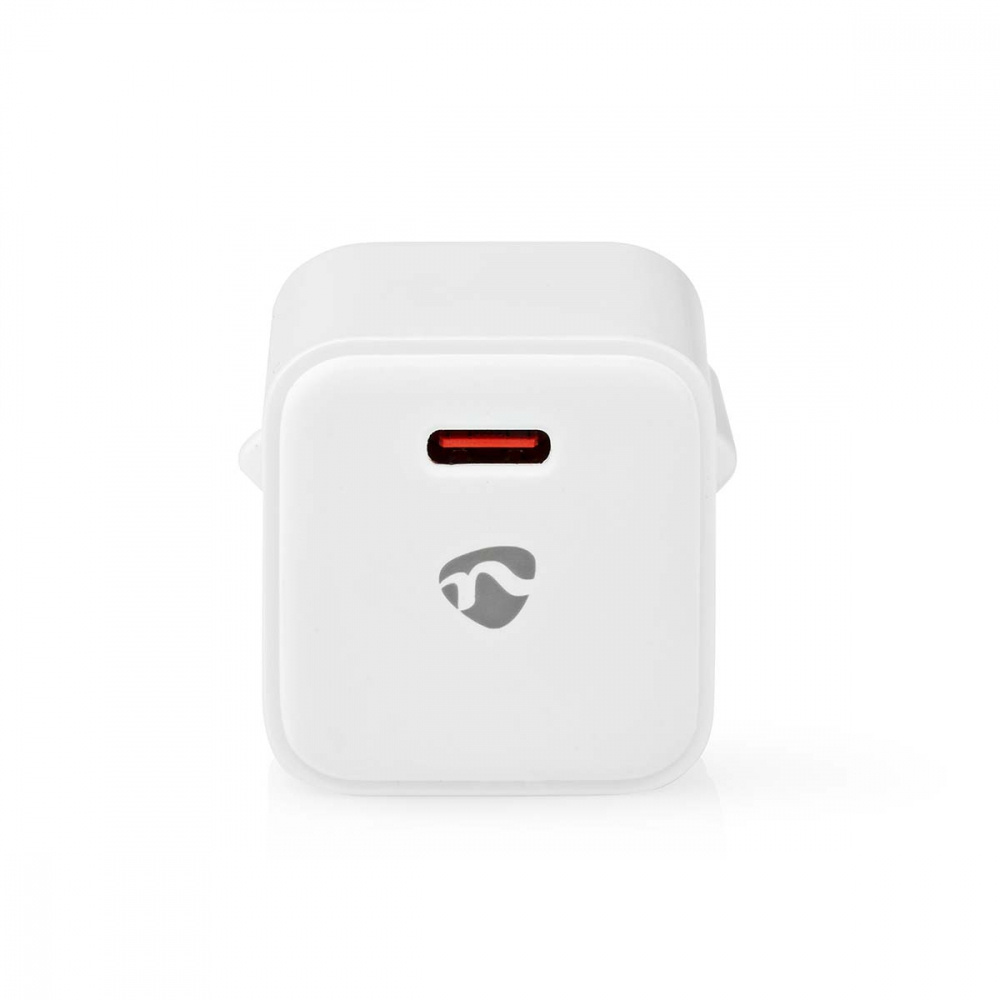 Väggladdare USB-C PD 20W, vit med en röd LED-indikator.