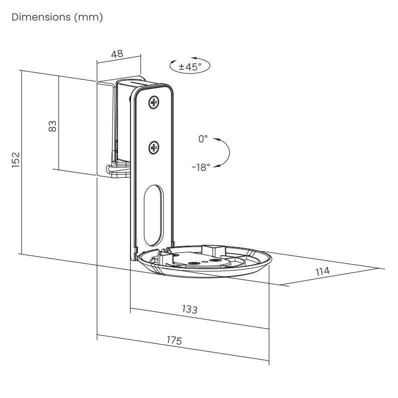 Svart väggfäste med mått för Sonos Era 100.
