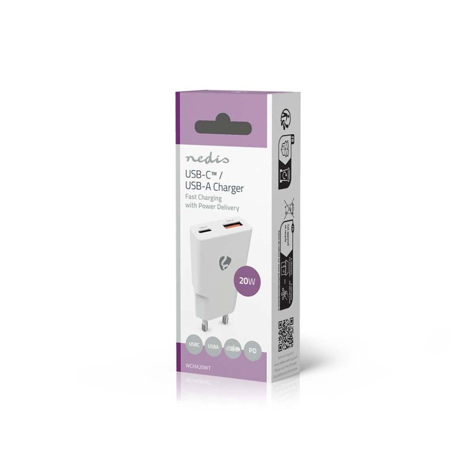 Nedis WCH-A20 GaN-väggladdare 20 Watt, vit