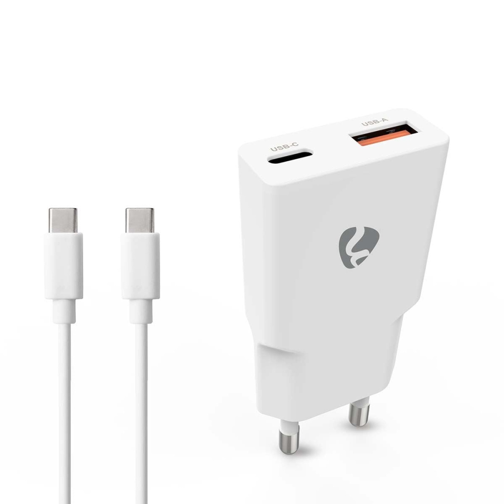 Nedis väggladdare med USB-C-kabel 20 W 1x USB-C 1x USB-A, vit