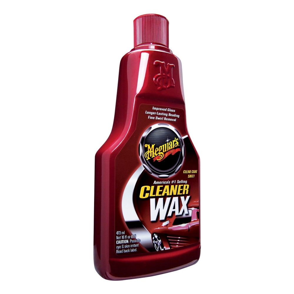 En röd flaska med Meguiars Cleaner Wax för bilvård.