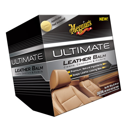En förpackning av Meguiars Ultimate Leather Balm för bilinredning.