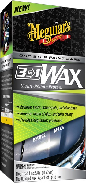 Förpackning av Meguiars 3 in 1 wax med beskrivning av produkten.